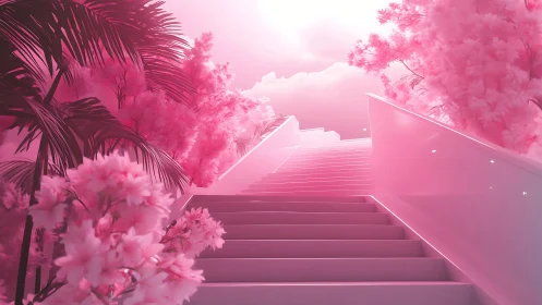 Pink futuristic staircase among soft glowing trees.