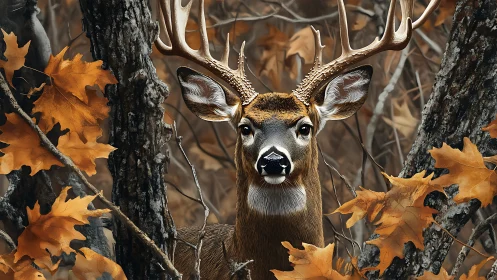 Whitetail buck among autumn forest trees and leaves.