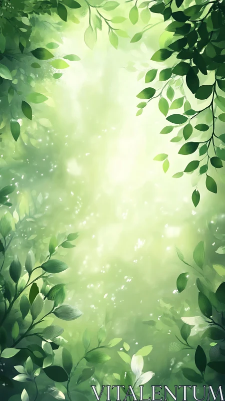 Sunlit forest canopy frames soft glowing green clearing