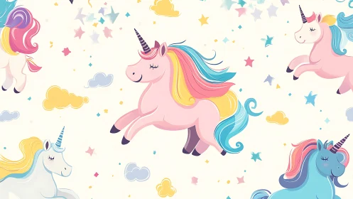 Pastel rainbow unicorn pattern with floating clouds and stars