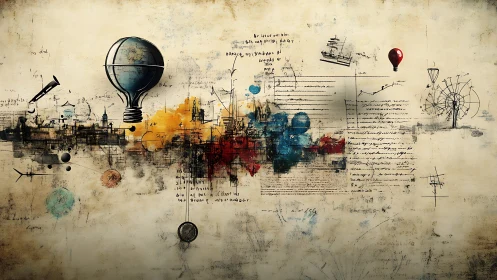 Surreal collage shows balloon, city sketches and abstract notes