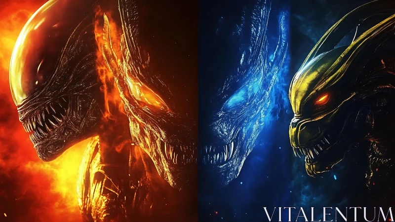 Elemental alien beasts clash in blazing fire and icy void.