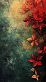 Crimson climbing leaves on textured teal and ochre ground.
