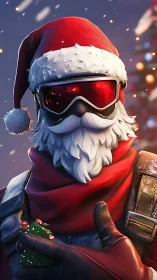 Tactical cyber-Santa avatar with reflective visor optics.