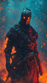 Flaming dark knight with glowing eyes in burning forest.