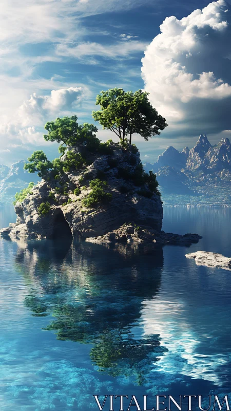 Solitary Tree on Rocky Island in Alpine Lake