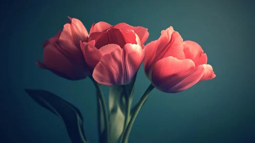 Coral tulips dance against moody teal backdrop