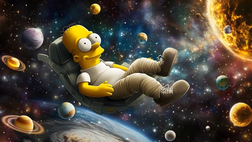 Cartoon astronaut drifts through vivid cosmic wonderland