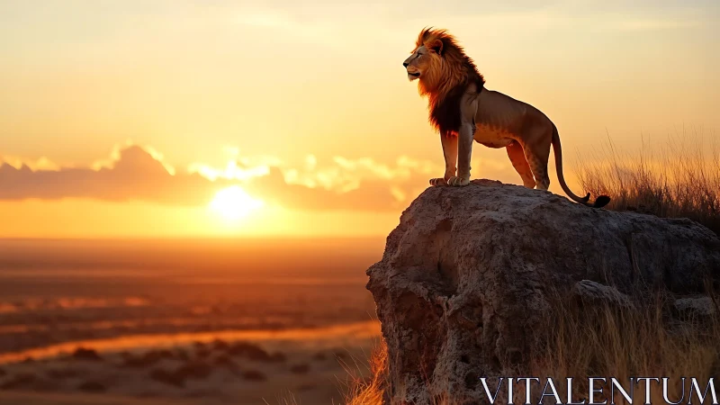 Male lion standing on rocky ledge at vivid sunset.