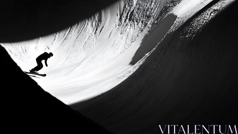 Shadow-slicing skier carves light across a frozen canyon curve