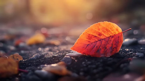 Macro autumn leaf on wet gravel under shallow depth of field