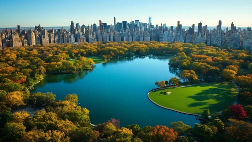 Central Park reservoir skyline with autumn foliage.