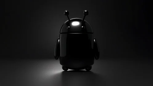 Glossy black robot figurine stands centered on dark ground