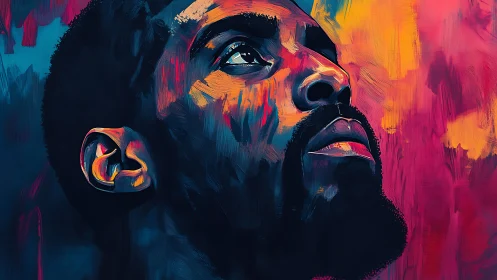 Portrait of man gazing upward uses bold neon brush strokes