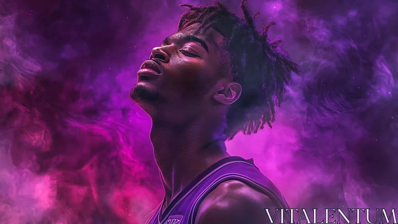 Focused basketball player in purple neon smoke portrait.