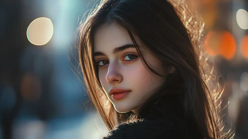 Youthful portrait in golden hour bokeh street lighting.