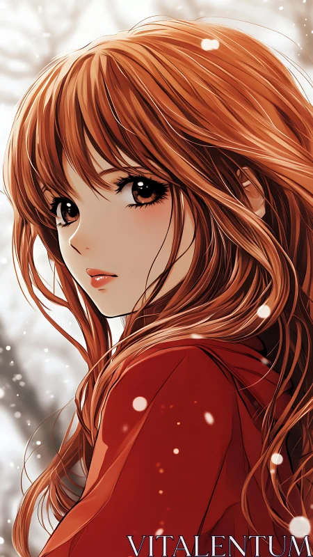 Winter snowfall surrounds a gentle girl in a red coat