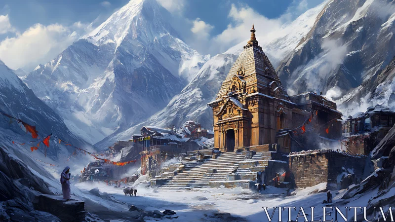 Golden mountain temple rests quietly in a snowy Himalayan valley