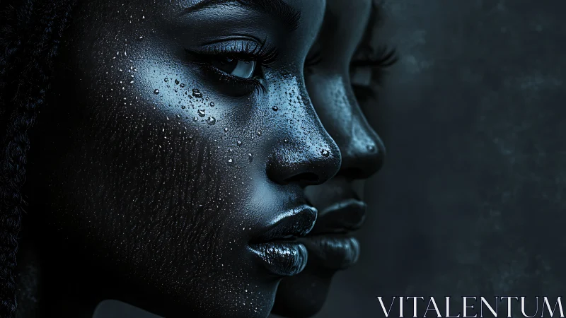 Metallic blue portrait with twin reflective profiles.