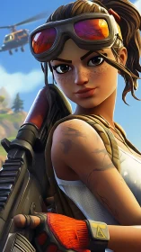 Stylized battle-ready heroine with rifle and reflective goggles