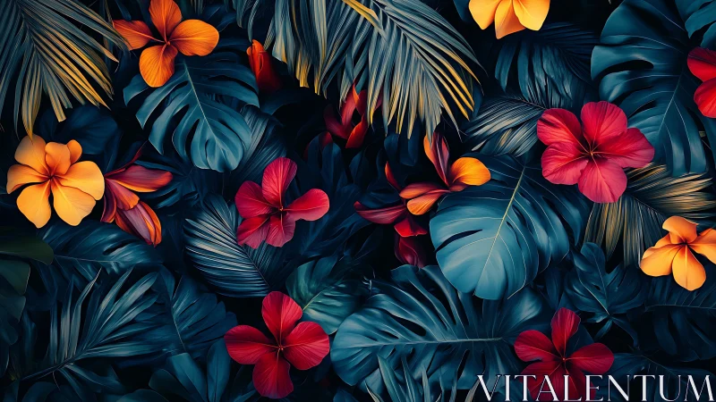 Tropical Floral Composition with Hibiscus and Monstera in High Saturation Contrast