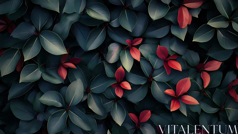 Dense foliage pattern with dark green and red leaves.