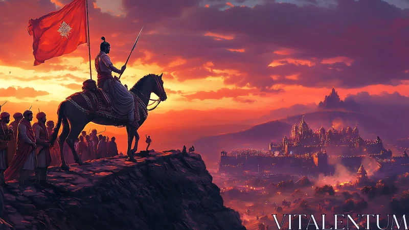 Sunset rider overlooking a glowing, storybook fortress city.
