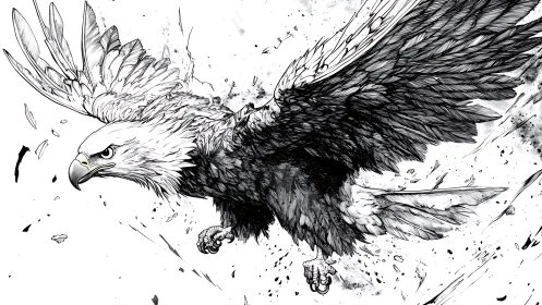 Dynamic ink drawing of a soaring eagle with intense movement.