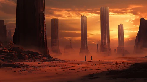 Colossal monolithic towers rise from misty alien desert plain