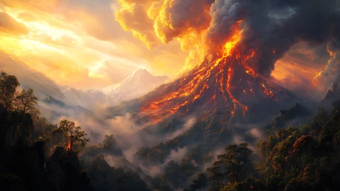 Volcanic eruption dominates misty mountain landscape with catastrophic intensity
