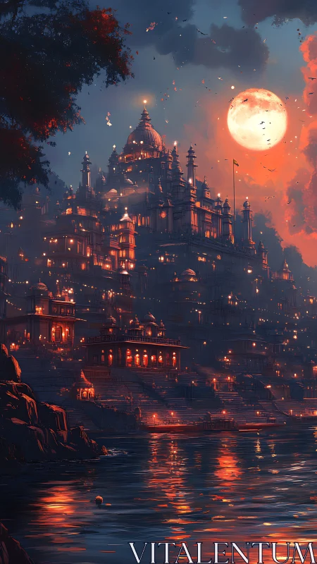 Moonlit riverside palace glows with countless warm lanterns