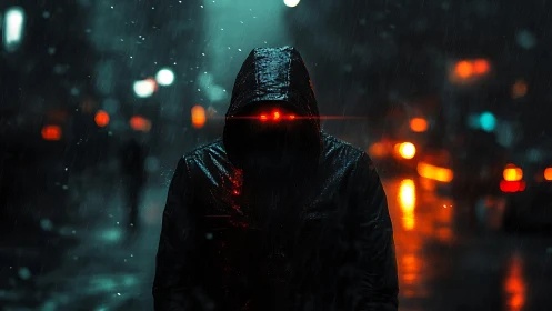 Hooded cyber figure with glowing red eyes in neon rain.