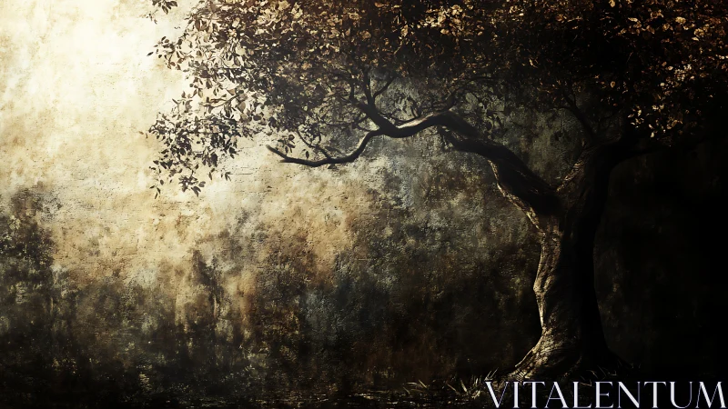 Solitary tree trunk curves into dense foliage on textured wall