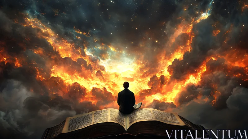 Digital painting of cosmic reading portal with fiery nebula sky.