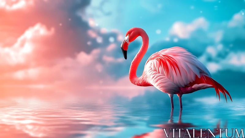 Pink flamingo stands in shallow reflective water at dusk
