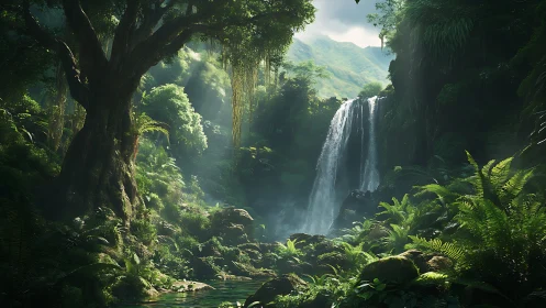 Waterfall flowing through verdant jungle canopy.