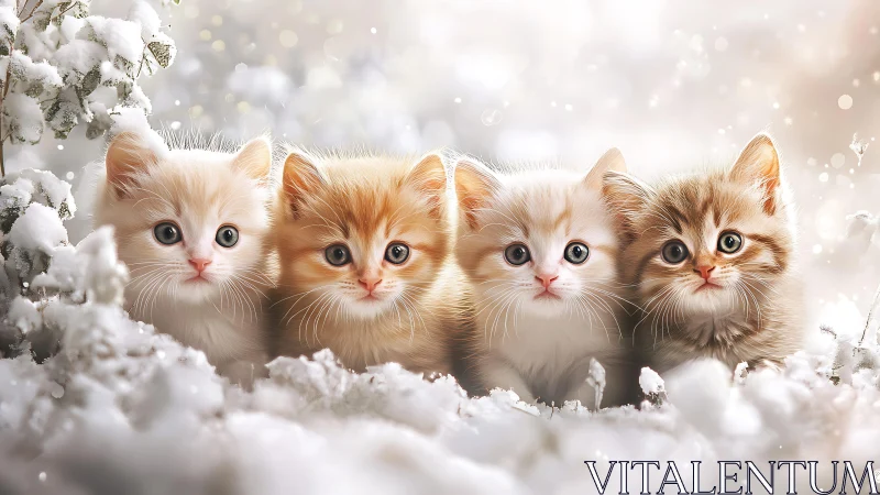 Four Kittens in Frosted Winter Landscape with Bokeh.