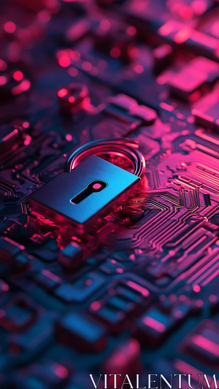 Cyber lock symbol integrates with illuminated circuit substrate