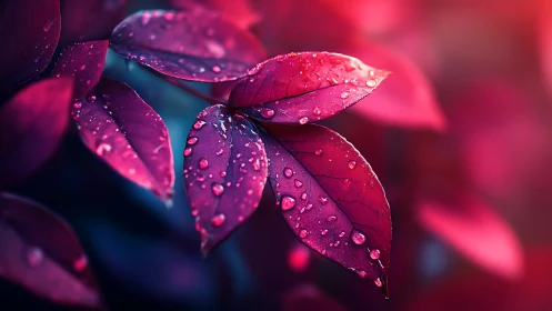 Crimson rain-kissed leaves glowing in dreamy twilight hues.