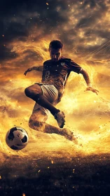 Male soccer player in midair kick with fiery visual effects.