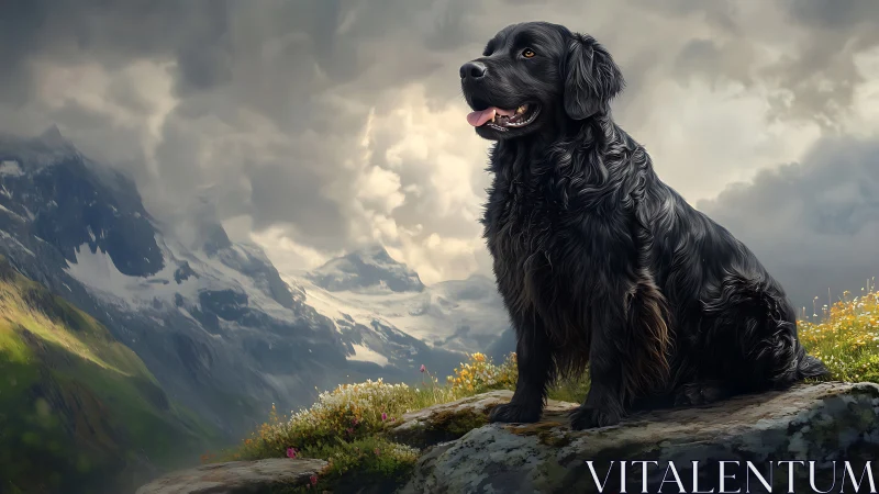 Black mountain dog resting on rocky alpine ledge outdoors.