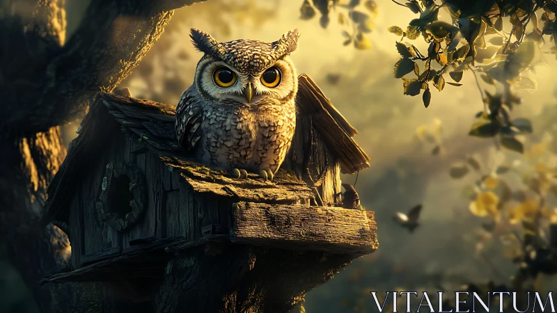 Realistic owl perched on rustic birdhouse at sunset, fantasy style.