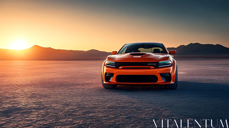 Sunset-charged muscle car poised on a glowing desert plain.