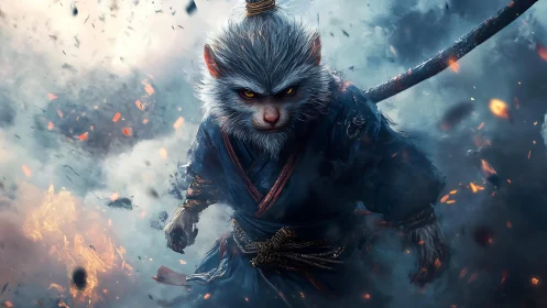 Warrior monkey strides through smoke and embers in battle.