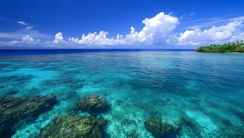 Tropical coastline with clear turquoise sea and blue sky.