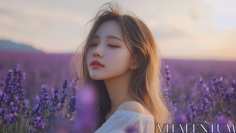 Soft sunset calm wraps a serene woman in lavender fields