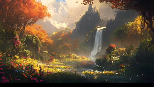 Mountain waterfall amid dense autumn forest and river valley.