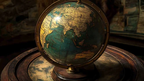 Vintage globe glowing softly on a well worn wooden stand.