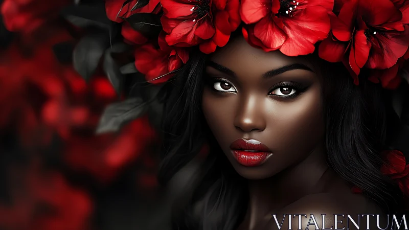 Radiant woman in red flowers with a soft, soulful gaze.