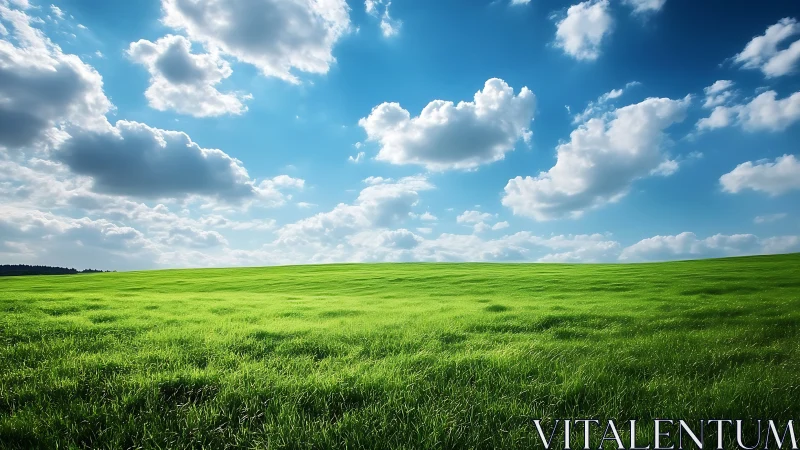 Vibrant grassy meadow under cumulus cloud-filled blue sky